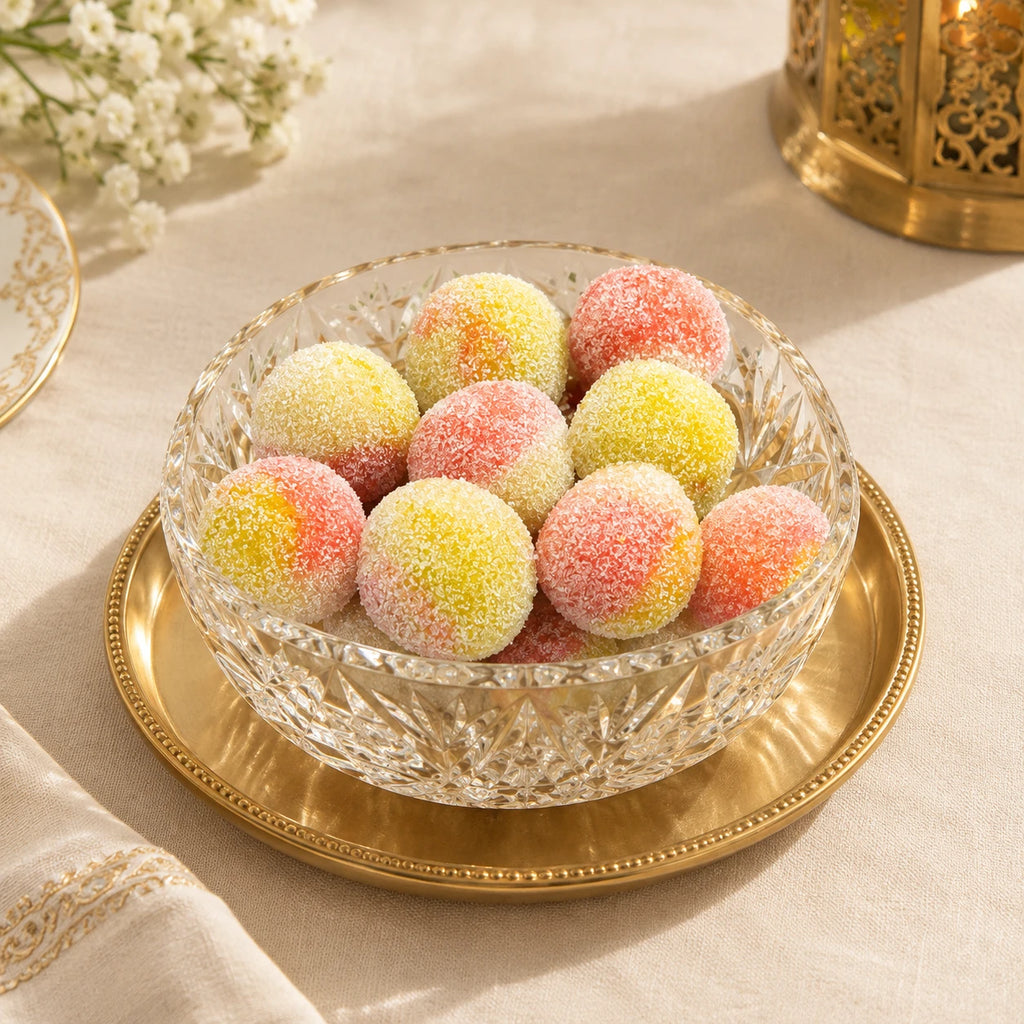 Boules de Carthage à la pâte d'amande, roses et jaunes, dans une coupe en cristal – Maison de Carthage