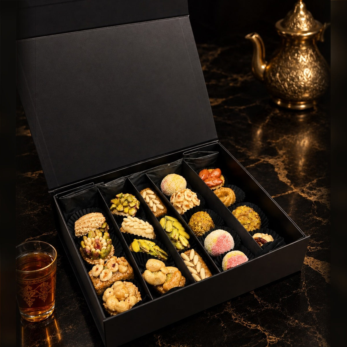 Coffret Impérial ouvert : 20 pâtisseries tunisiennes dans un écrin noir magnétique, service à thé doré – Maison de Carthage
