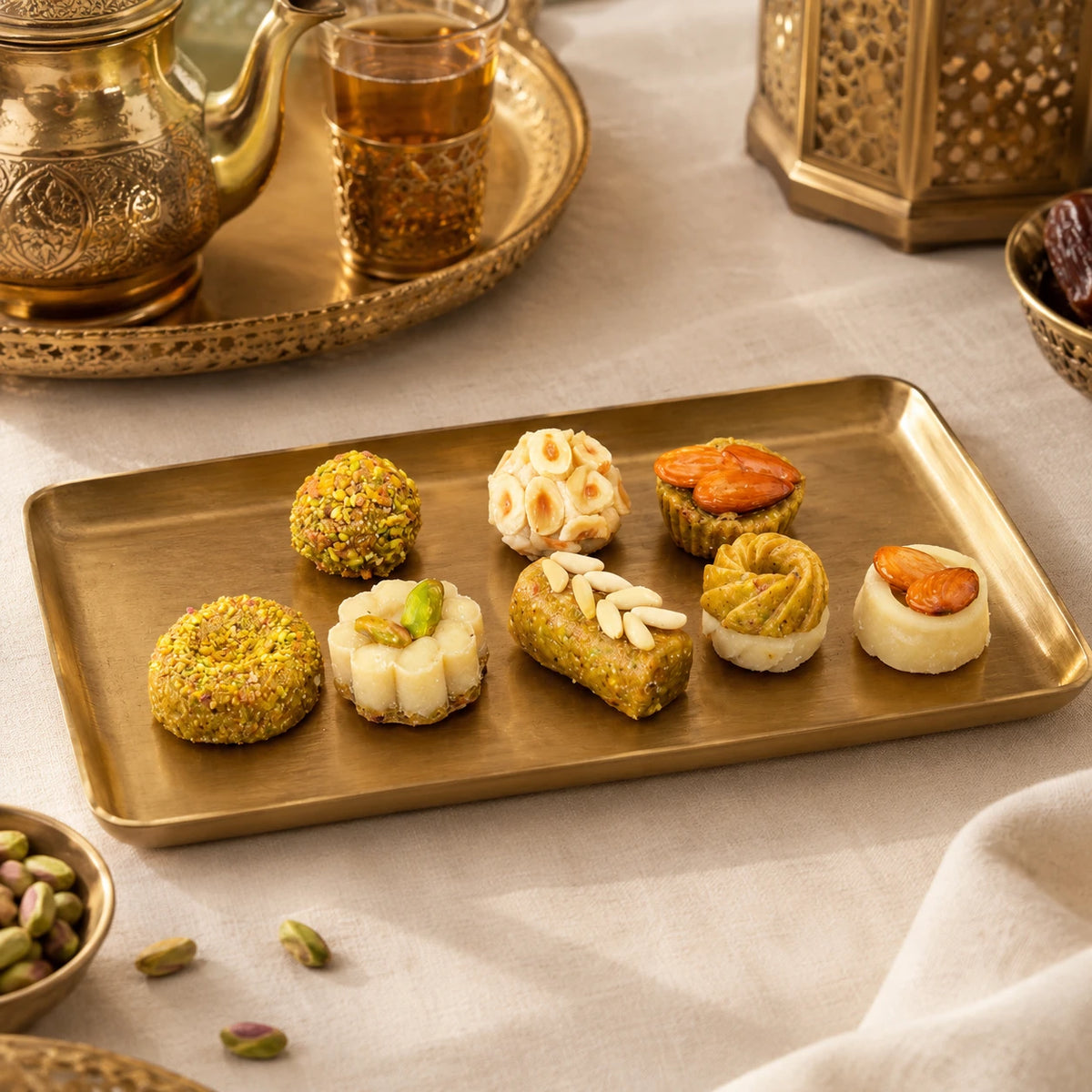Assortiment de Hlou tunisien amande et pistache sur plateau en laiton, service à thé oriental – Maison de Carthage
