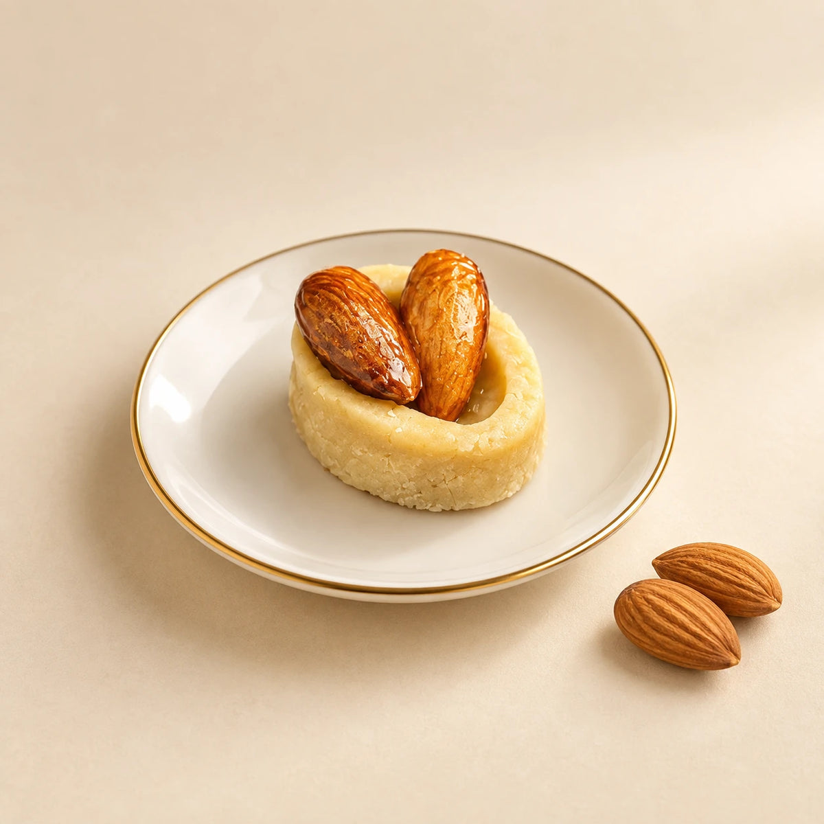 Hlou en médaillon à la pâte d'amande, décoré de deux amandes caramélisées