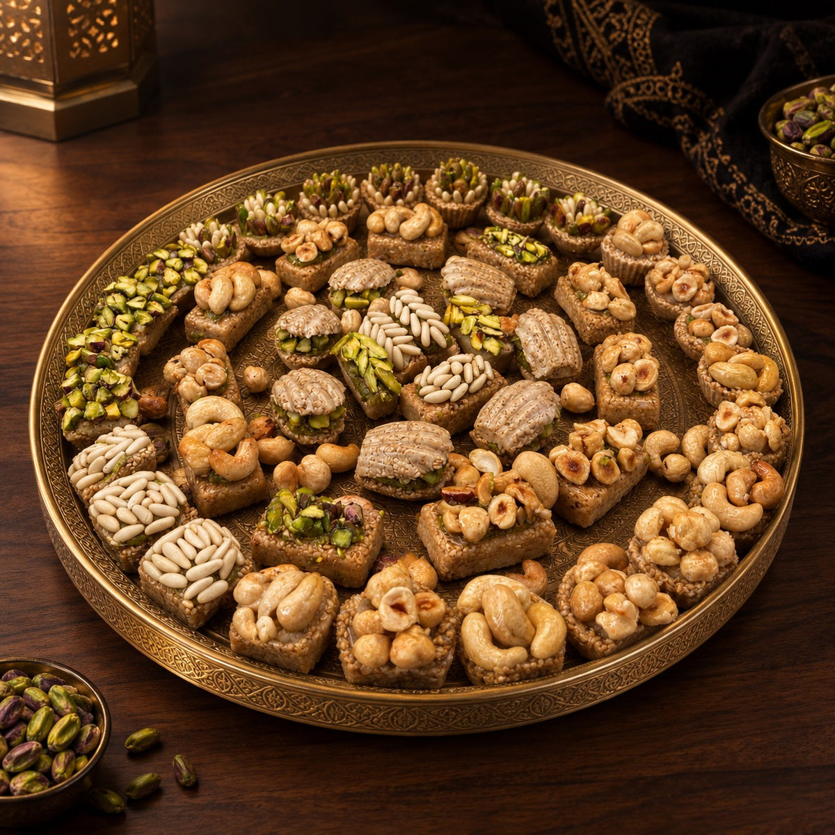 Assortiment de mignardises tunisiennes aux fruits secs sur plateau en laiton ciselé – Maison de Carthage