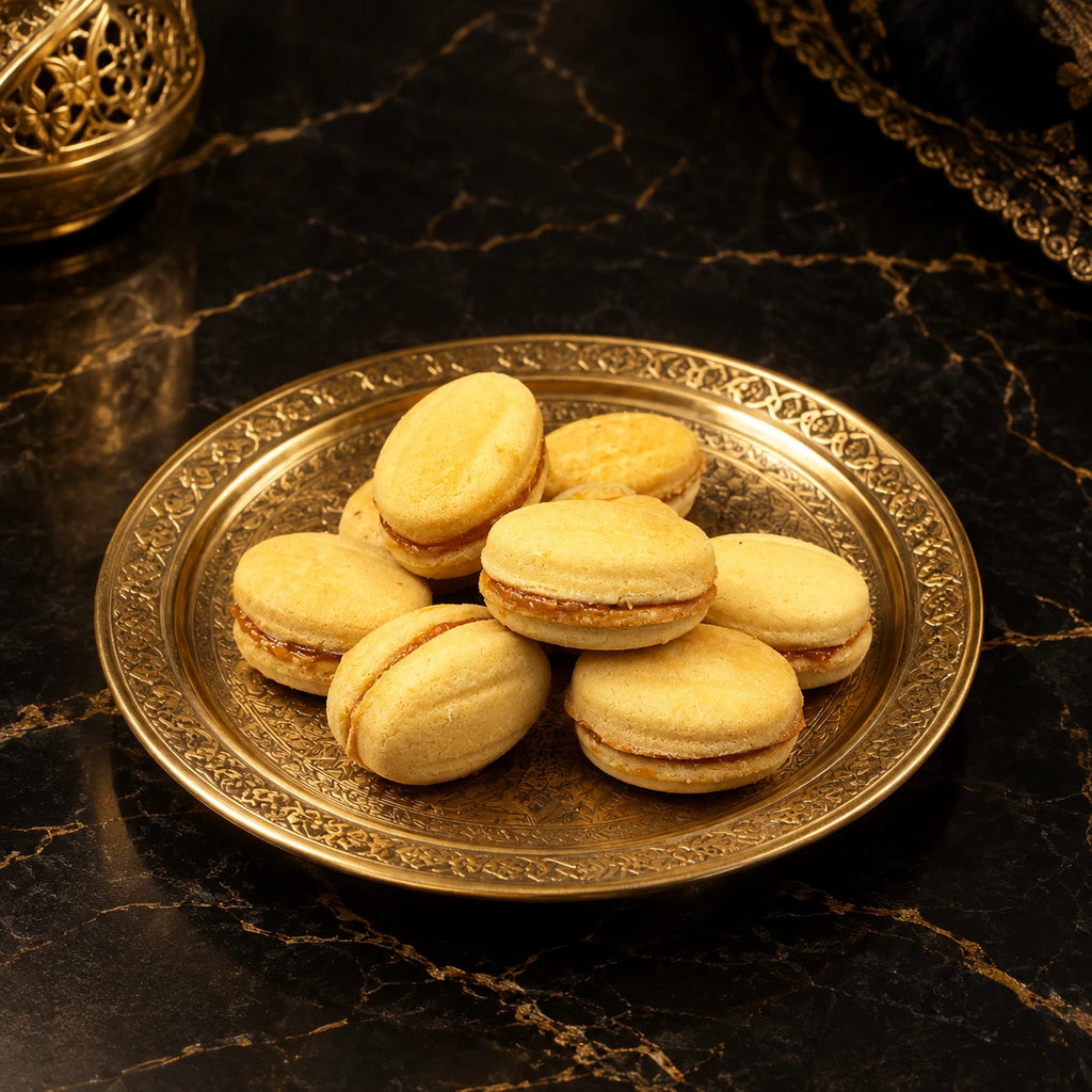 Zouza classique au caramel sur plateau en laiton doré ciselé