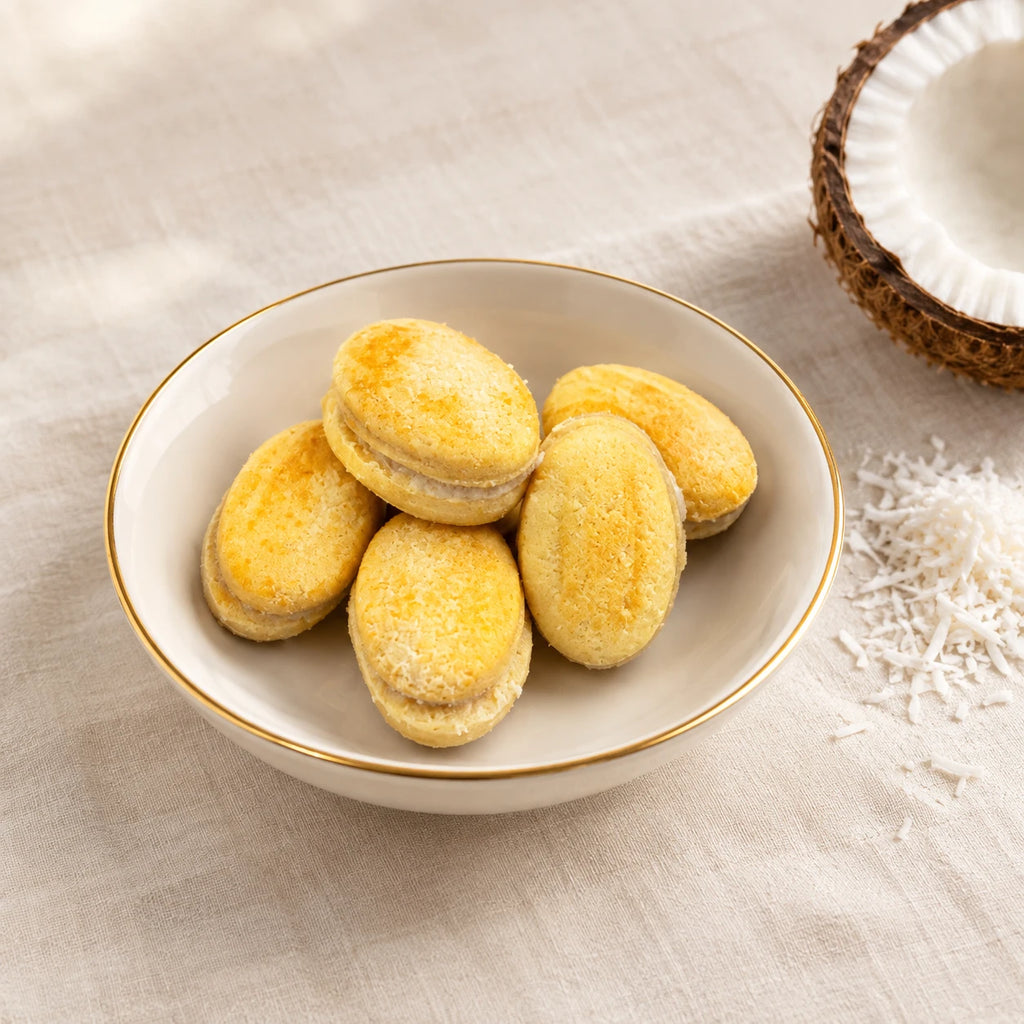 Zouza noix de coco dans une coupe à liseré doré, noix de coco râpée – Maison de Carthage